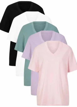 Sale Weites Long-Shirt mit V-Ausschnitt, Kurzarm (5er Pack) Damen Shirts & Tops|Basics