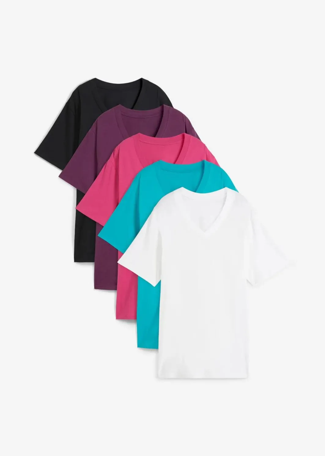 Damen bonprix Shirts & Tops|Basics|Weites Long-Shirt mit V-Ausschnitt, Kurzarm (5er Pack)