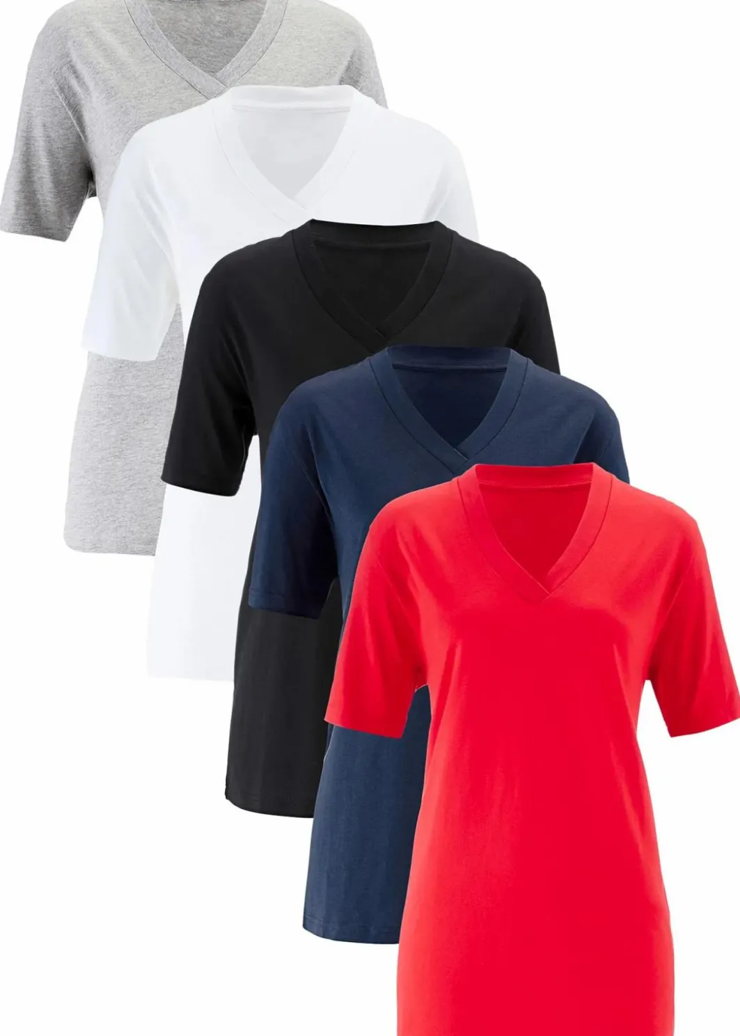 Damen bonprix Shirts & Tops|Basics|Weites Long-Shirt mit V-Ausschnitt, Kurzarm (5er Pack)