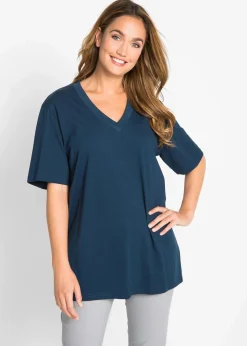 Damen bonprix Shirts & Tops|Basics|Weites Long-Shirt mit V-Ausschnitt, Kurzarm (5er Pack)