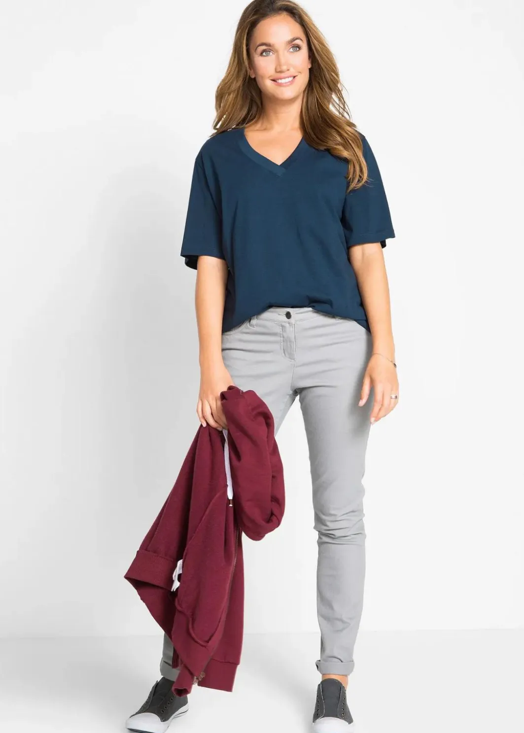 Damen bonprix Shirts & Tops|Basics|Weites Long-Shirt mit V-Ausschnitt, Kurzarm (5er Pack)