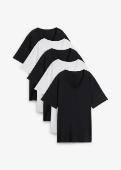 Damen bonprix Shirts & Tops|Basics|Weites Long-Shirt mit V-Ausschnitt, Kurzarm (5er Pack)