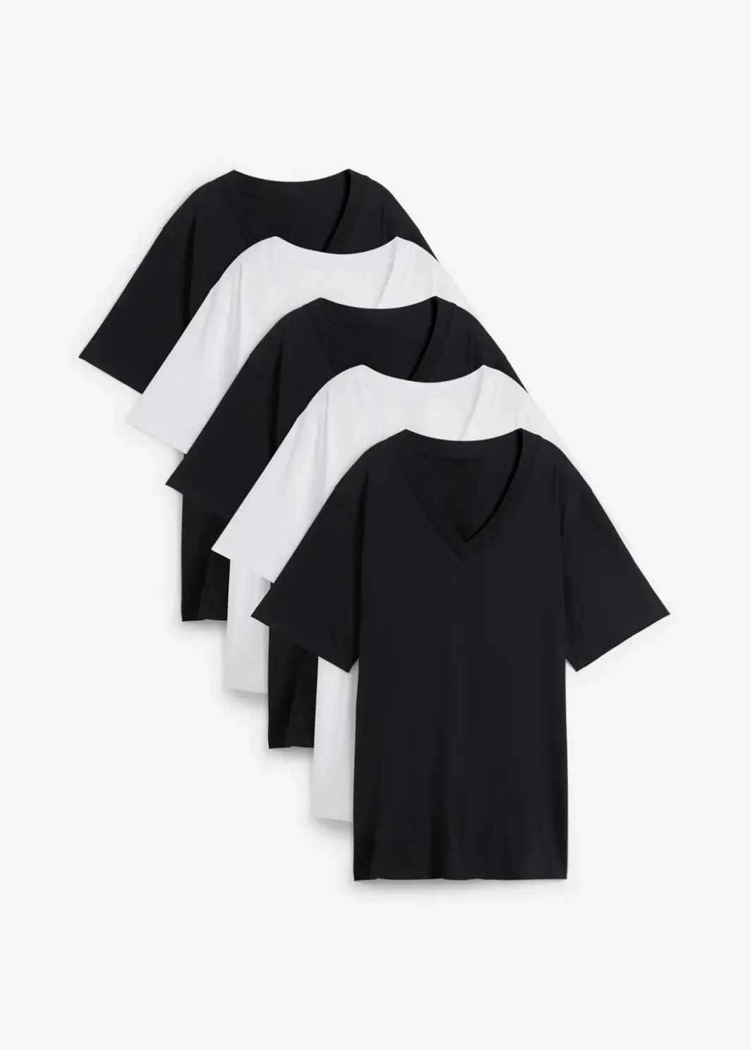 Damen bonprix Shirts & Tops|Basics|Weites Long-Shirt mit V-Ausschnitt, Kurzarm (5er Pack)