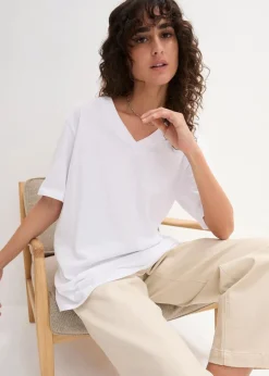 Damen bonprix Shirts & Tops|Basics|Weites Long-Shirt mit V-Ausschnitt, Kurzarm (5er Pack)