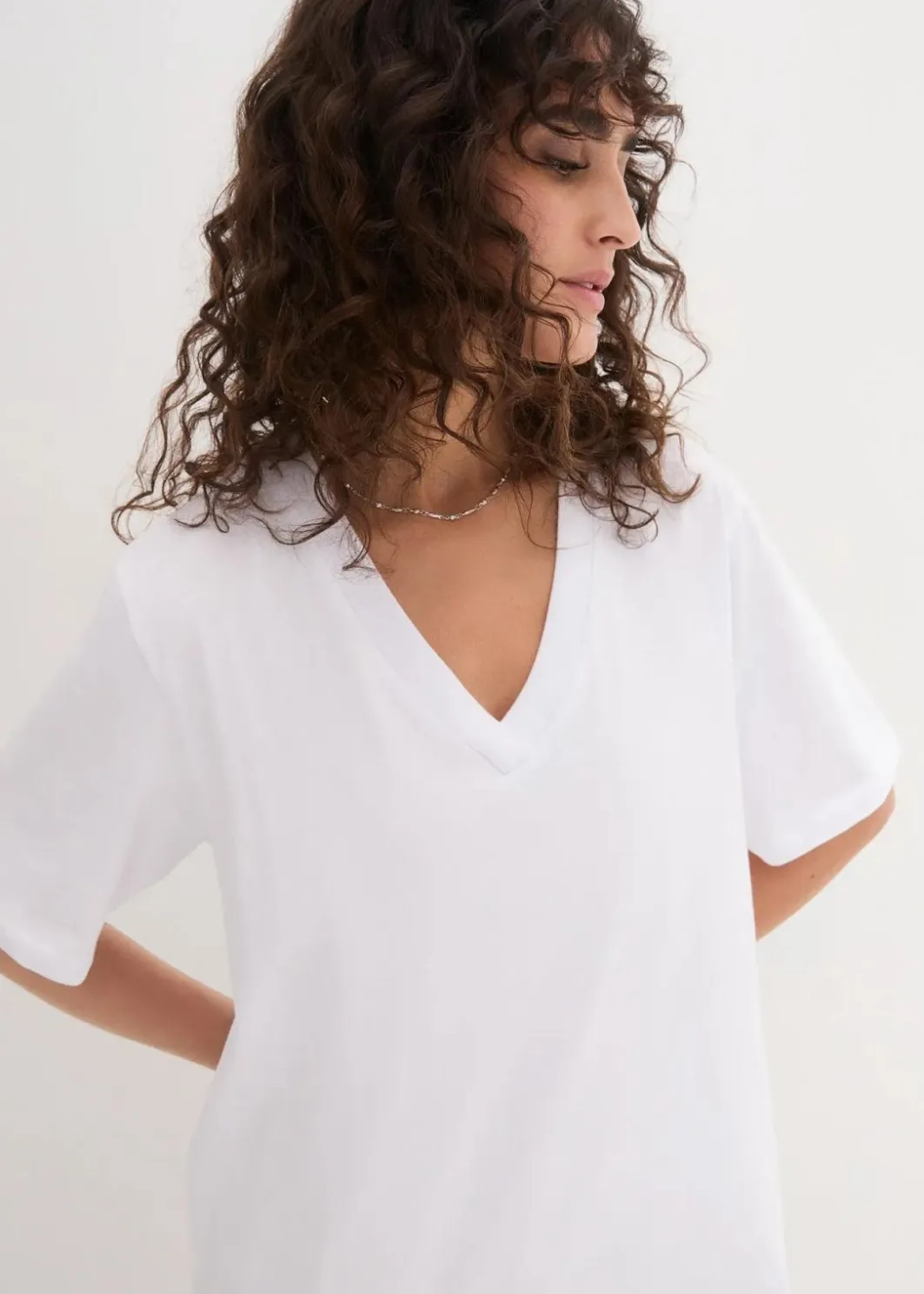 Damen bonprix Shirts & Tops|Basics|Weites Long-Shirt mit V-Ausschnitt, Kurzarm (5er Pack)