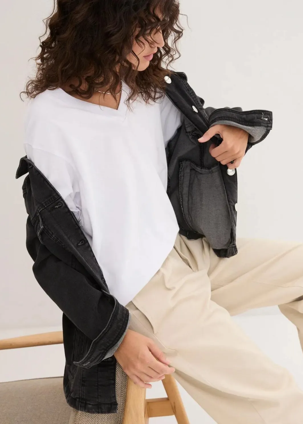 Damen bonprix Shirts & Tops|Basics|Weites Long-Shirt mit V-Ausschnitt, Kurzarm (5er Pack)