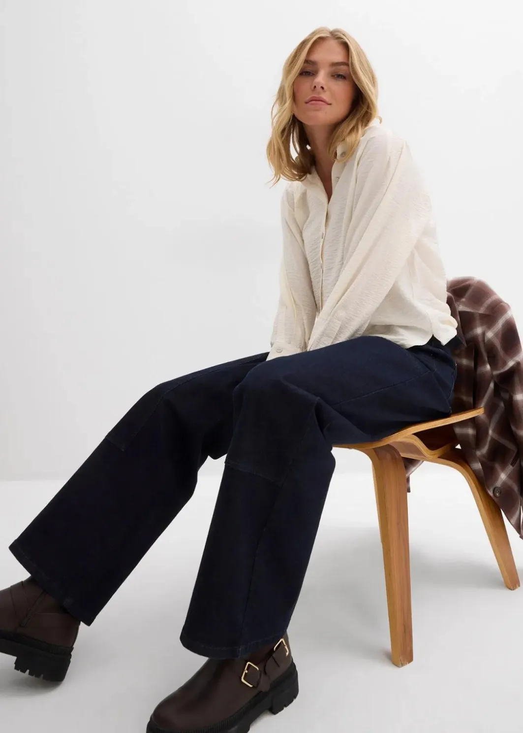 Damen bonprix Jeans|Kurzgrößen|Wide-Leg Jeans Mid Waist