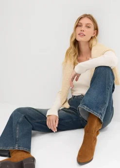 Damen bonprix Kurzgrößen|Jeans|Wide-Leg-Jeans, High Waist