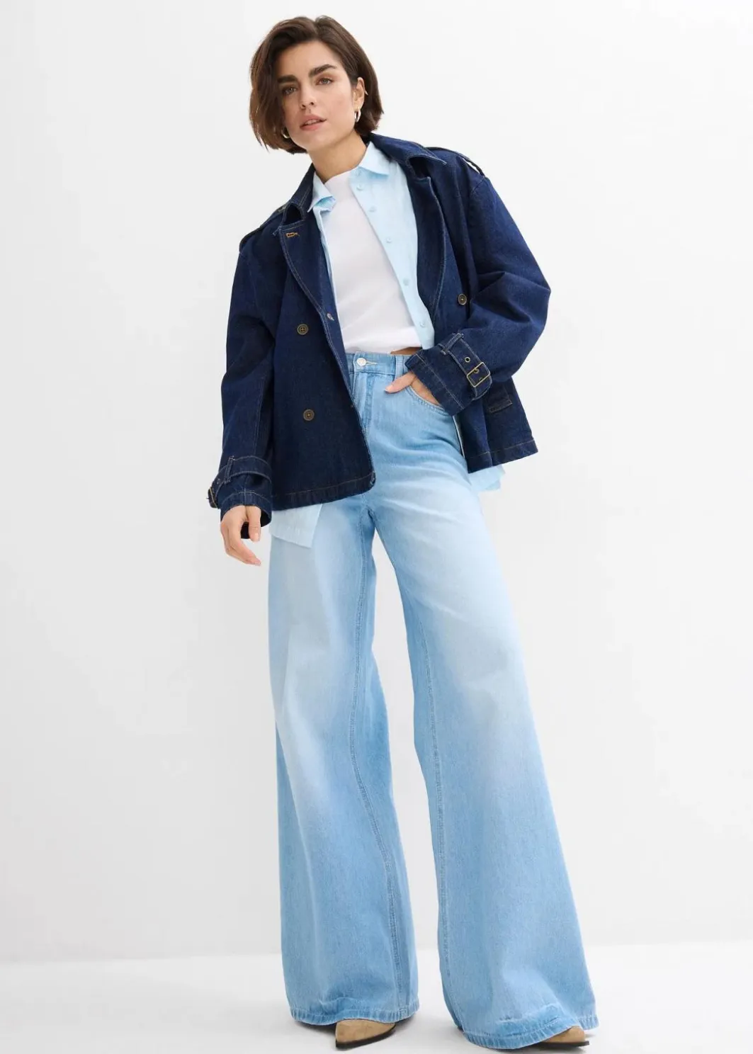 Damen bonprix Jeans|Kurzgrößen|Wide-Leg-Jeans, High Waist, Full Length Bequembund