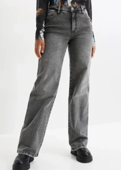 Damen bonprix Jeans|Wide-Leg-Jeans, High Waist mit Nietenbesatz