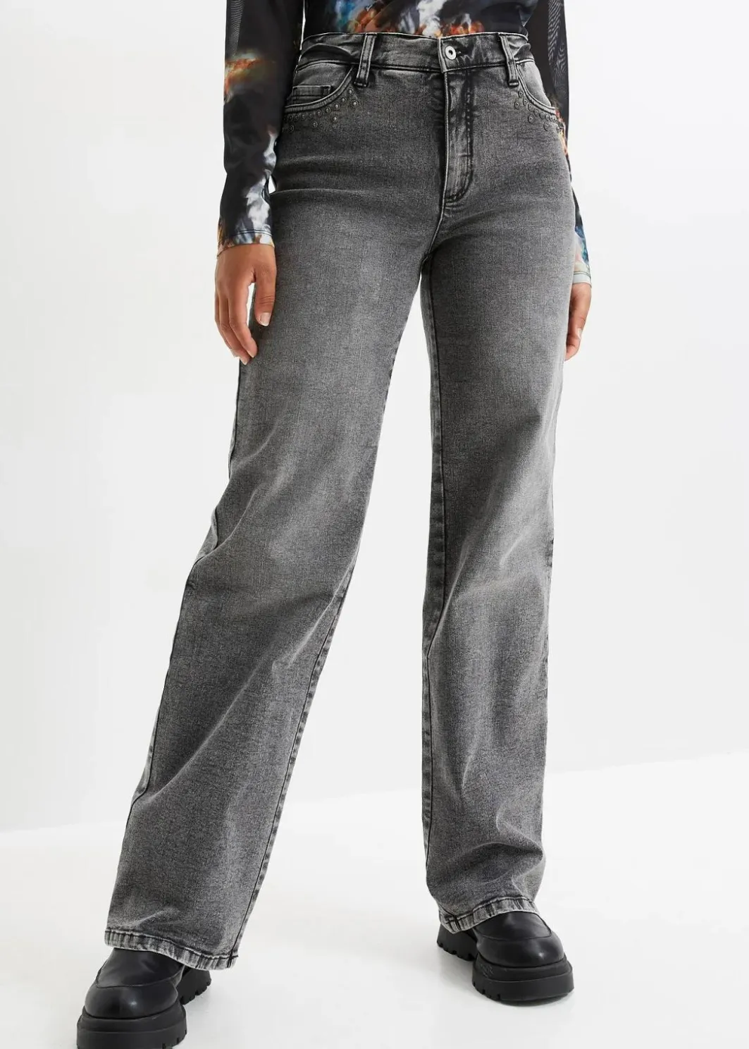 Damen bonprix Jeans|Wide-Leg-Jeans, High Waist mit Nietenbesatz