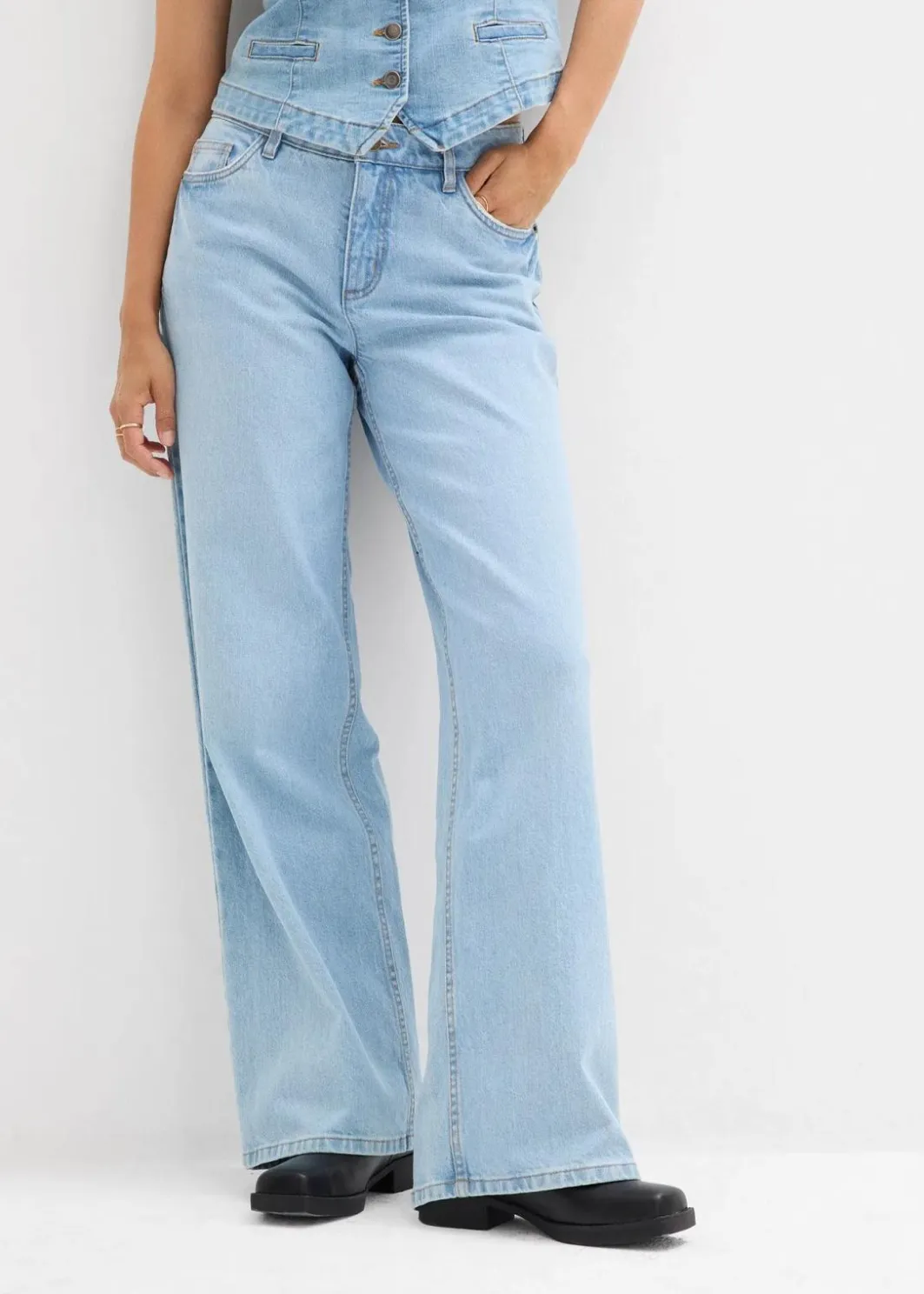 Damen bonprix Jeans|Kurzgrößen|Wide-Leg-Jeans Mid Waist