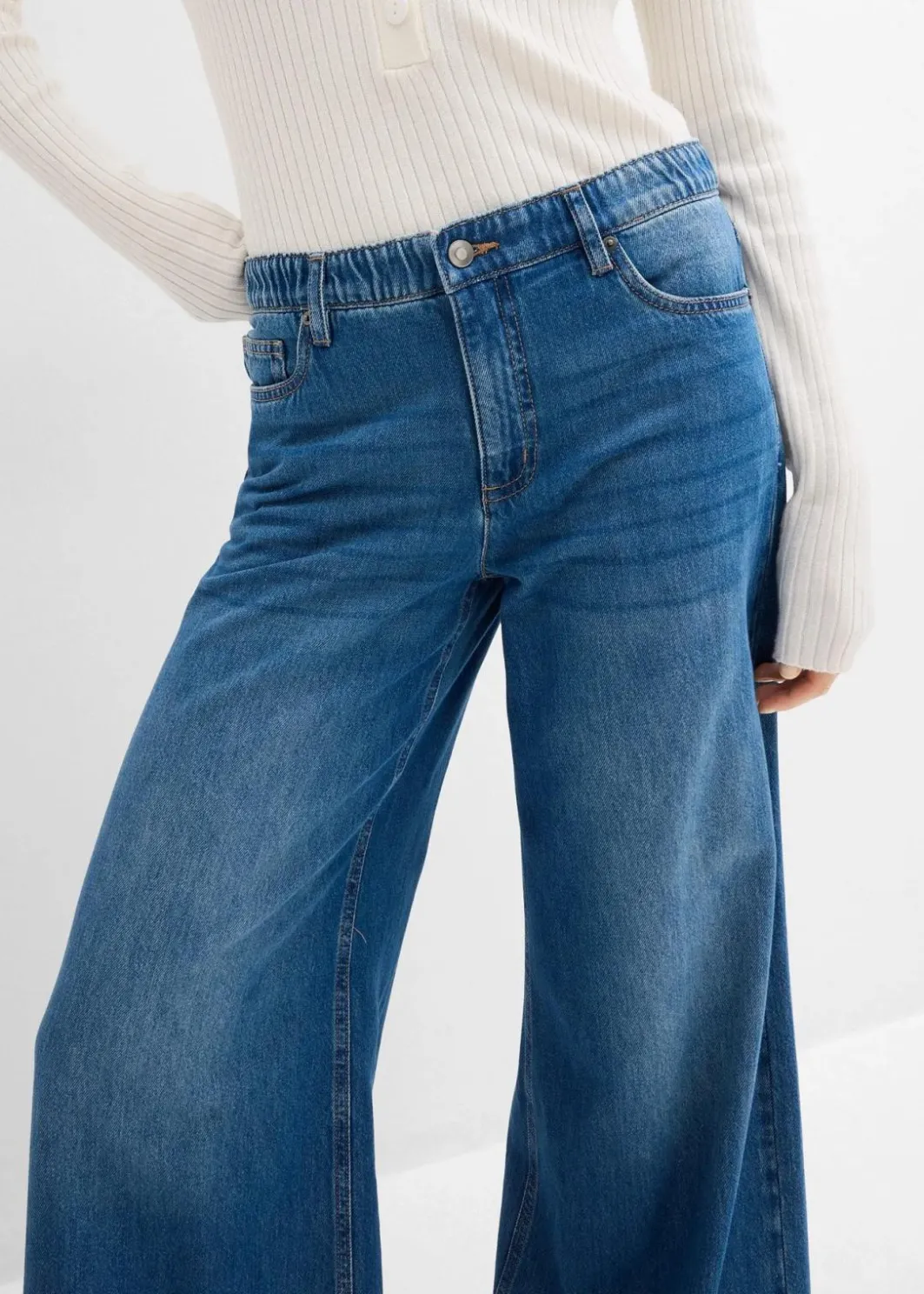 Damen bonprix Jeans|Kurzgrößen|Wide-Leg-Jeans Mid Waist, Bequembund