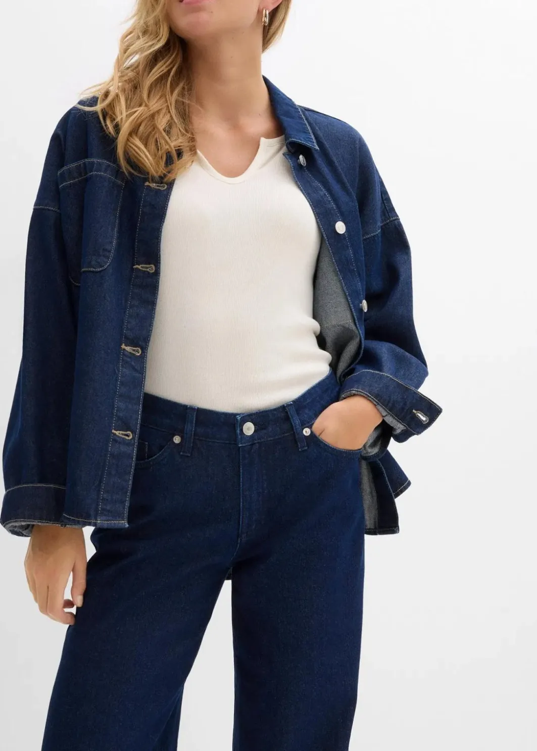 Damen bonprix Jeans|Kurzgrößen|Wide-Leg-Jeans, Mid Waist, Low Stretch Full Length