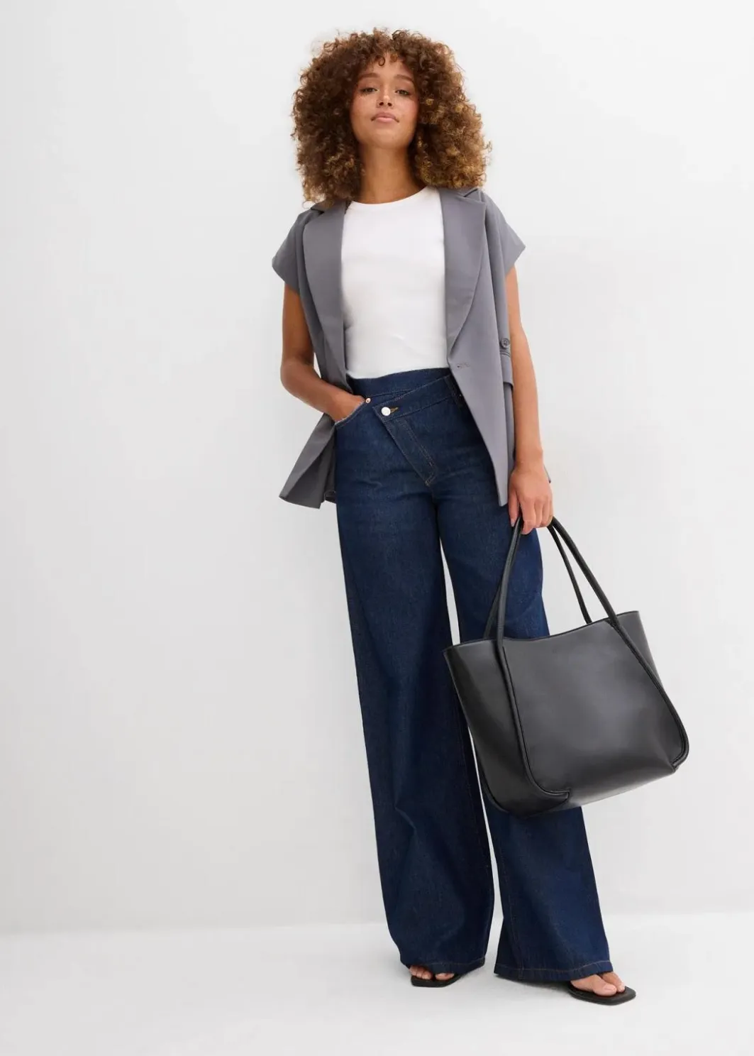 Damen bonprix Kurzgrößen|Jeans|Wide-Leg-Jeans Mid Waist, Low Stretch