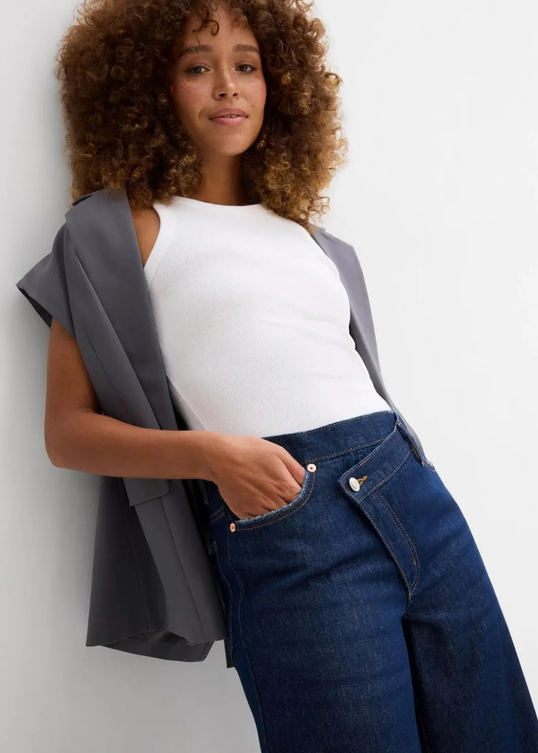 Damen bonprix Kurzgrößen|Jeans|Wide-Leg-Jeans Mid Waist, Low Stretch