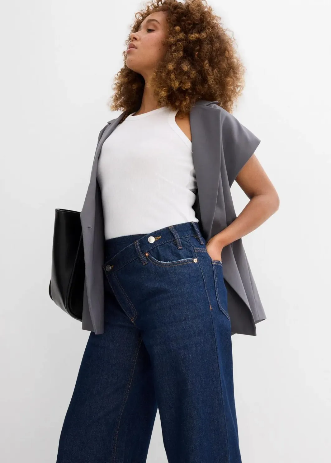 Damen bonprix Kurzgrößen|Jeans|Wide-Leg-Jeans Mid Waist, Low Stretch