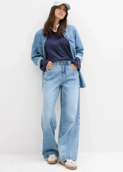 Damen bonprix Kurzgrößen|Bekleidung·Shirts & Tops|Wide-Leg-Jeans Mid Waist, Low Stretch