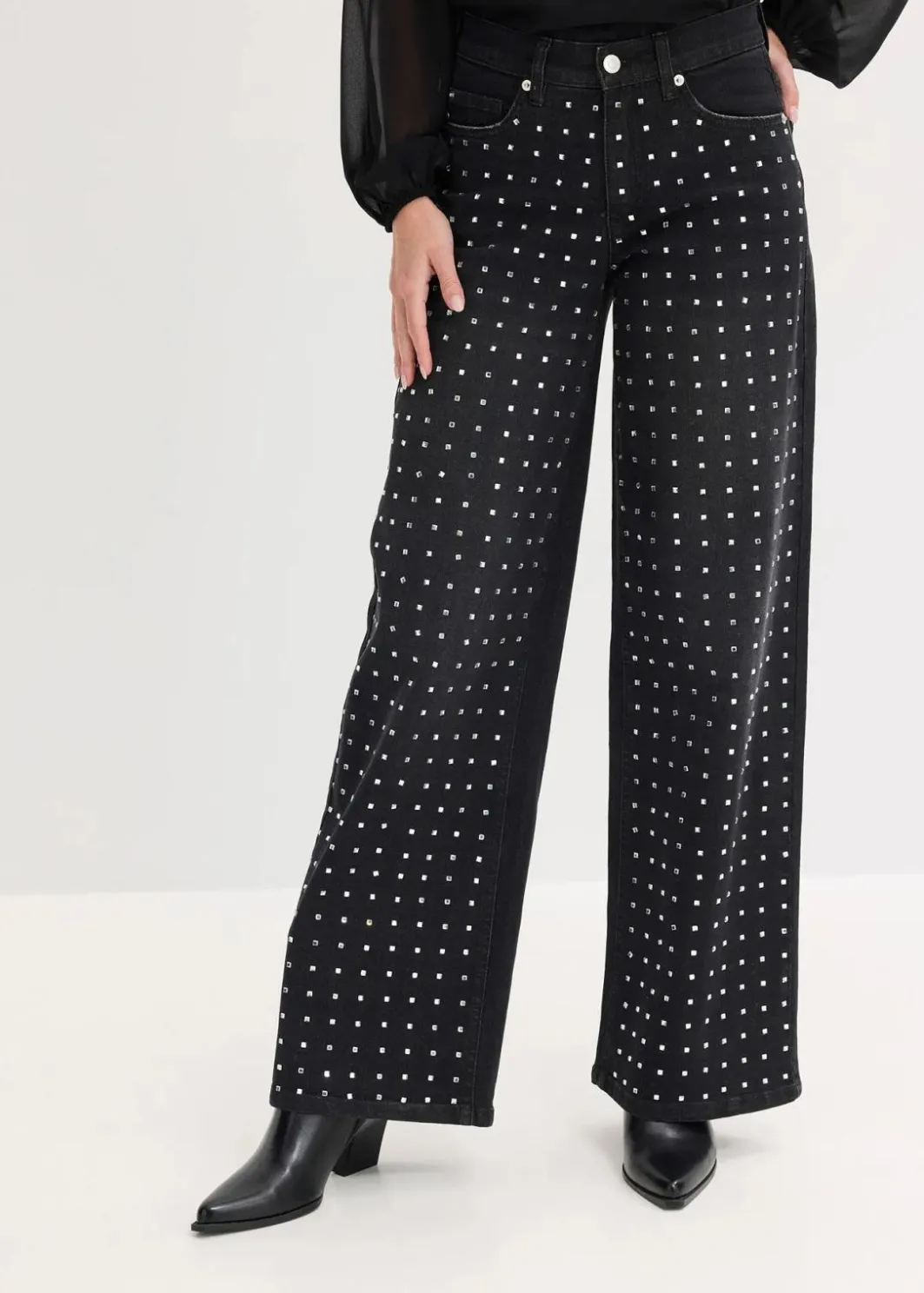 Damen bonprix Bekleidung·Shirts & Tops|Jeans|Wide-Leg-Jeans Mid Waist mit Strassapplikation