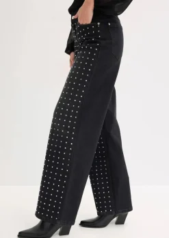 Damen bonprix Bekleidung·Shirts & Tops|Jeans|Wide-Leg-Jeans Mid Waist mit Strassapplikation