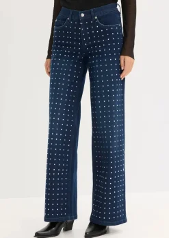 Outlet Wide-Leg-Jeans Mid Waist mit Strassapplikation Damen Jeans|Bekleidung·Shirts & Tops