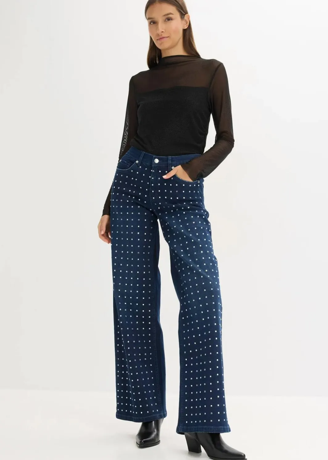 Outlet Wide-Leg-Jeans Mid Waist mit Strassapplikation Damen Jeans|Bekleidung·Shirts & Tops