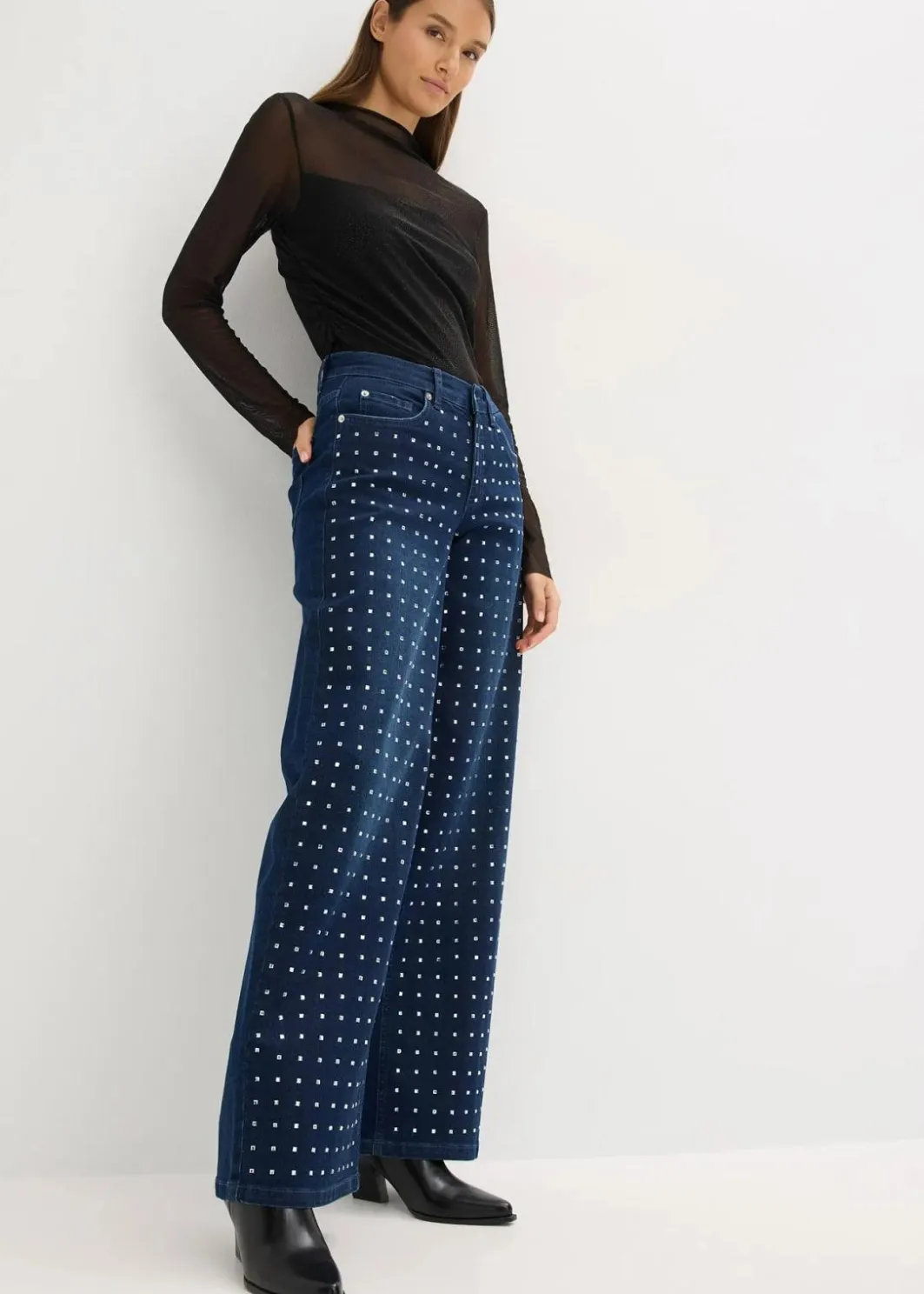 Outlet Wide-Leg-Jeans Mid Waist mit Strassapplikation Damen Jeans|Bekleidung·Shirts & Tops