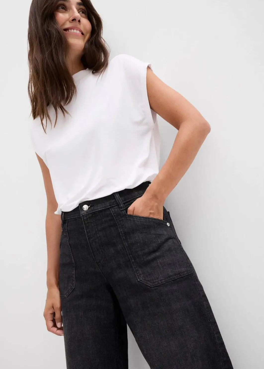 Damen bonprix Jeans|Bekleidung·Shirts & Tops|Wide-Leg-Jeans Mid Waist mit aufgesetzten Taschen