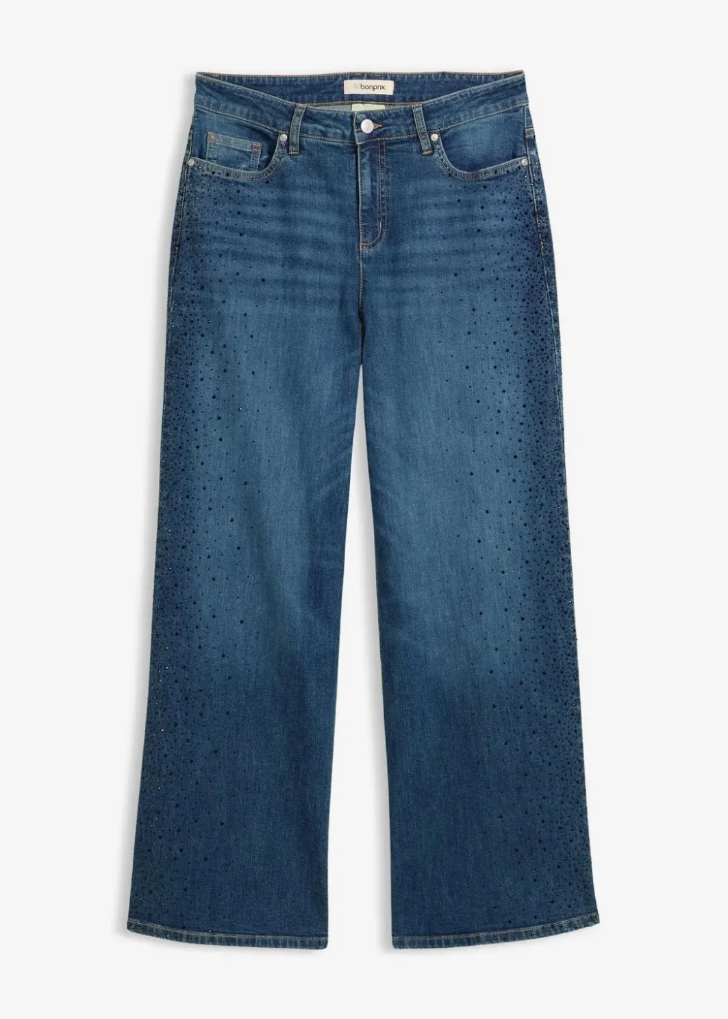 Damen bonprix Kurzgrößen|Bekleidung·Shirts & Tops|Wide-Leg-Jeans Mid Waist mit Glitzersteinen