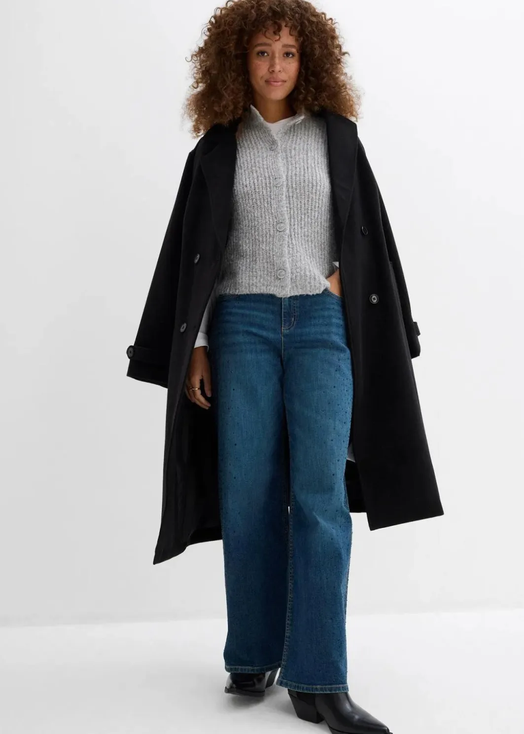 Damen bonprix Kurzgrößen|Bekleidung·Shirts & Tops|Wide-Leg-Jeans Mid Waist mit Glitzersteinen