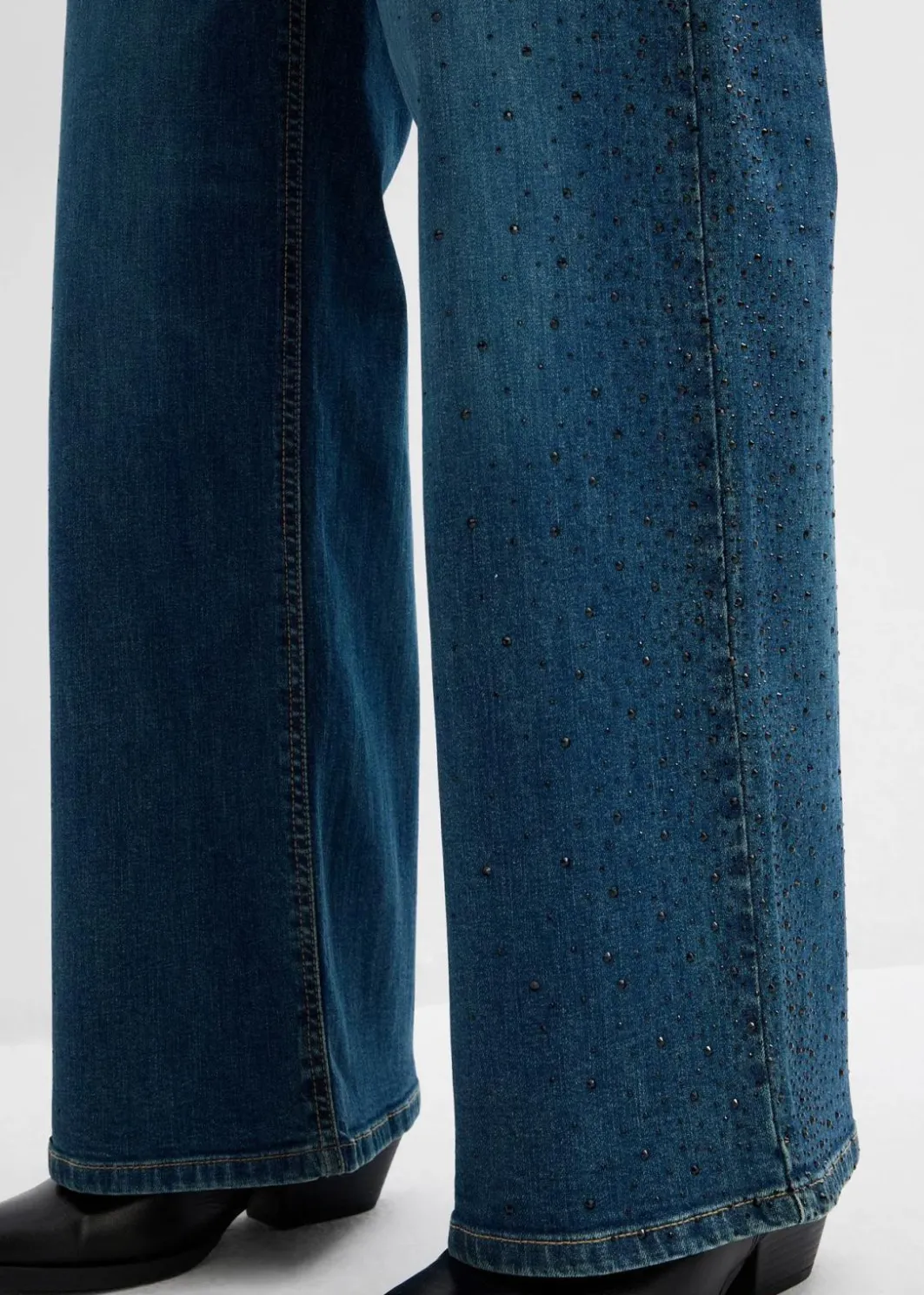 Damen bonprix Kurzgrößen|Bekleidung·Shirts & Tops|Wide-Leg-Jeans Mid Waist mit Glitzersteinen