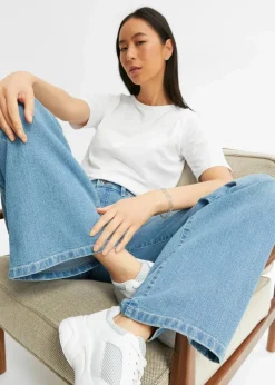 Damen bonprix Jeans|Kurzgrößen|Wide-Leg-Jeans, Mid Waist, Stretch