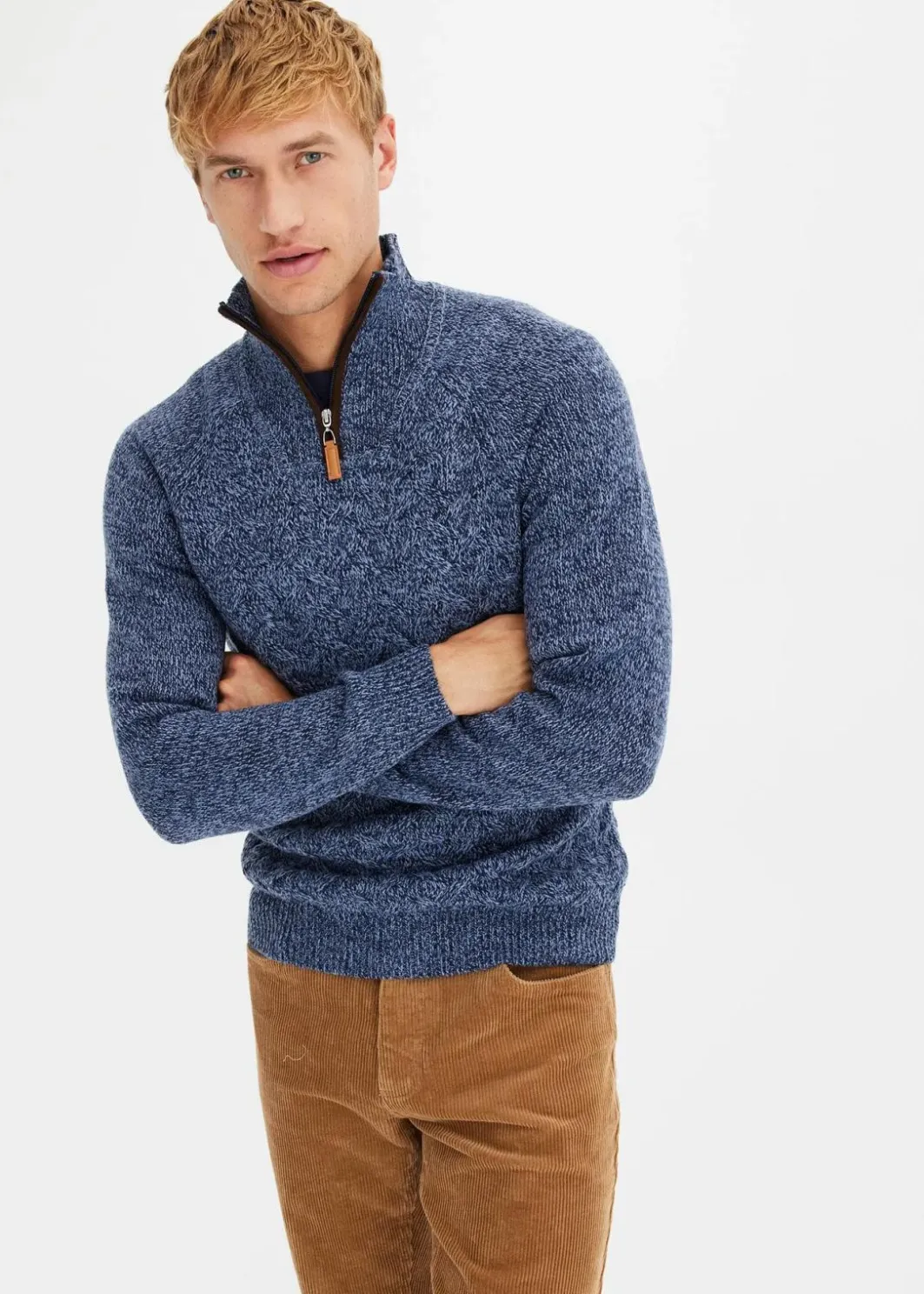 Herren bonprix Pullover & Strickjacken|Große Größen|Zopfstrick Troyer-Pullover mit Wollanteil